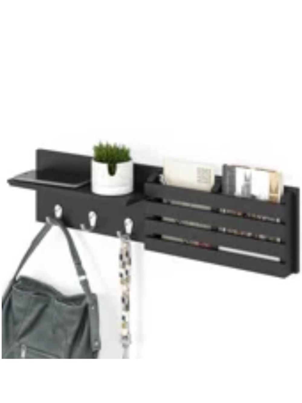 Bergen by Ballucci Mail & Key Wall-Mounted Organizer w Metal Hooks, Black, 24”